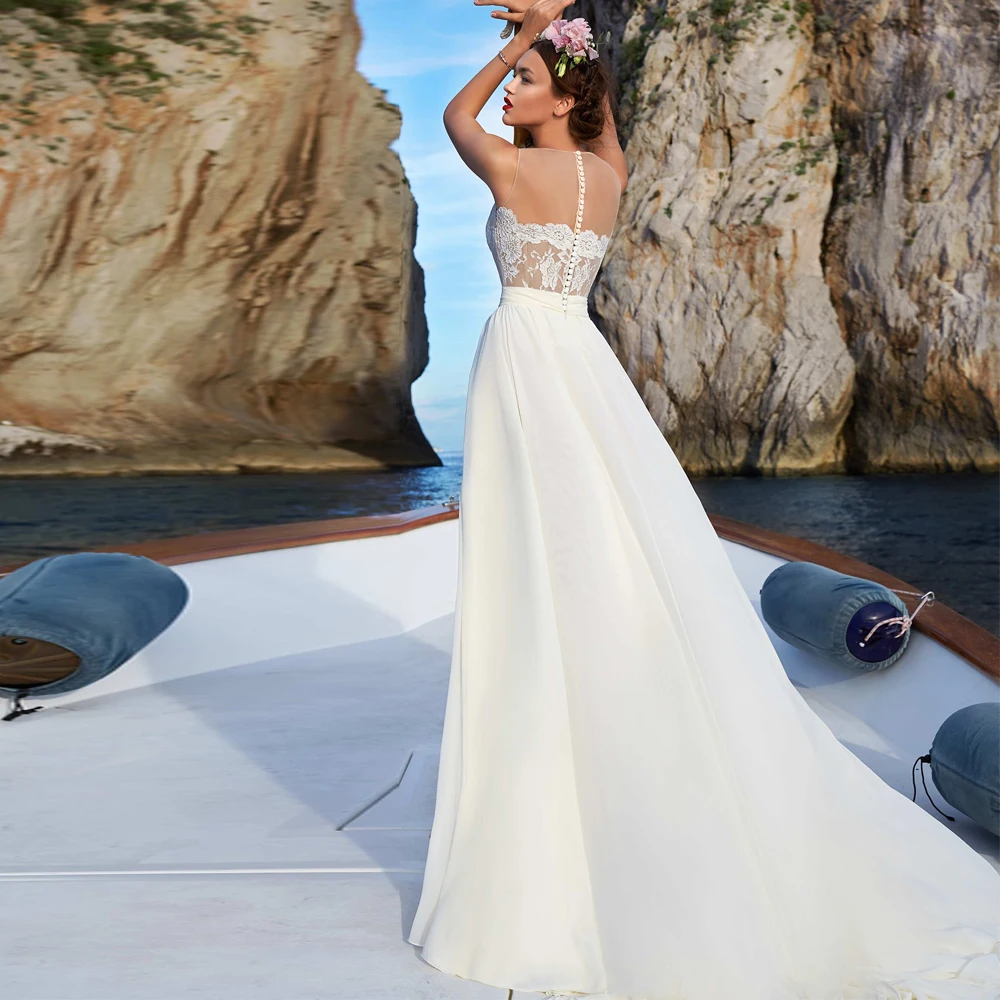 Vestidos Sexy Wedding Dresses Chiffon Appliques Slide Split O-Neck Sleeveless Covered Button Novia Do A-Line Bridal Gowns
Vestidos Sexy Wedding Dresses Chiffon Appliques Slide Split O-Neck Sleeveless Covered Button Novia Do A-Line Bridal Gowns