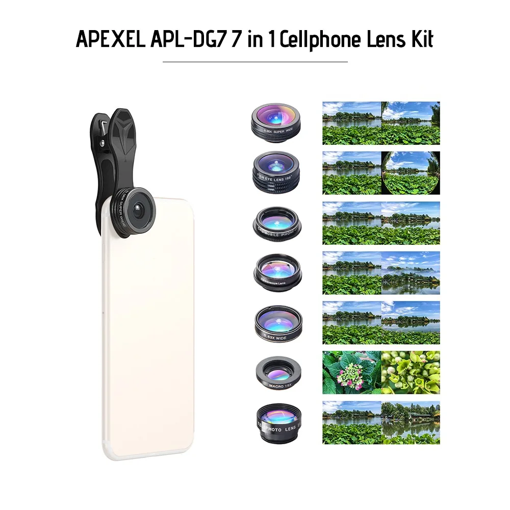 APEXEL APL-DG7 7 in 1 Cellphone Lens Kit CPL Lens 198 Fisheye Lens 2X Telescope Lens for iPhone 13 Huawei Xiaomi SmartPhone 
APEXEL APL-DG7 7 in 1 Cellphone Lens Kit CPL Lens 198 Fisheye Lens 2X Telescope Lens for iPhone 13 Huawei Xiaomi SmartPhone