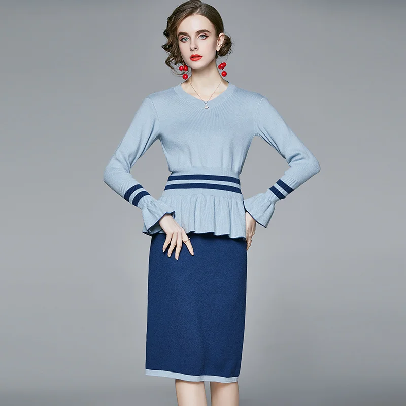 2022 Autumn Winter Women's Suit Round Neck Stitching Ruffled Flared Sleeve Top+high Waist Skirt New Waist Female Slim Sets X827
2022 Autumn Winter Women's Suit Round Neck Stitching Ruffled Flared Sleeve Top+high Waist Skirt New Waist Female Slim Sets X827