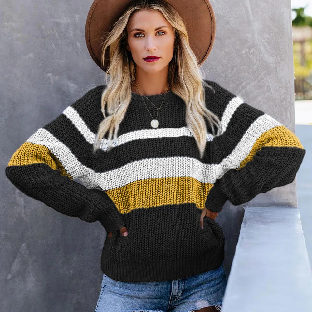 Women Long Sleeve Color Block Sweater Casual Round Neck Loose Top Fashion Knitwear
Women Long Sleeve Color Block Sweater Casual Round Neck Loose Top Fashion Knitwear