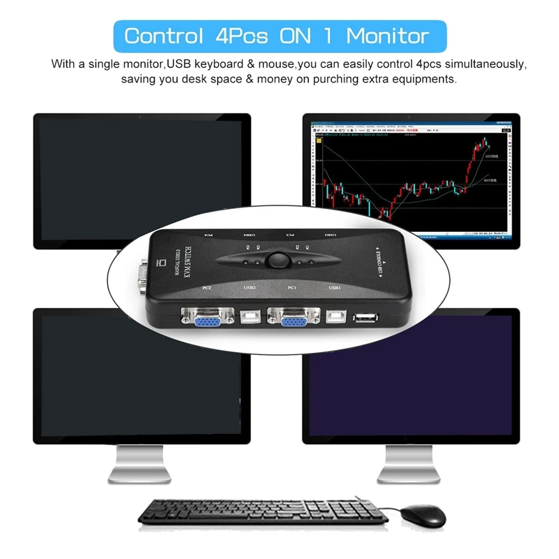 USB KVM VGA Switcher, 4 Ports USB 2.0 KVM Switch Box Adapter, One-Button Swapping, 4 VGA Cables Included
USB KVM VGA Switcher, 4 Ports USB 2.0 KVM Switch Box Adapter, One-Button Swapping, 4 VGA Cables Included