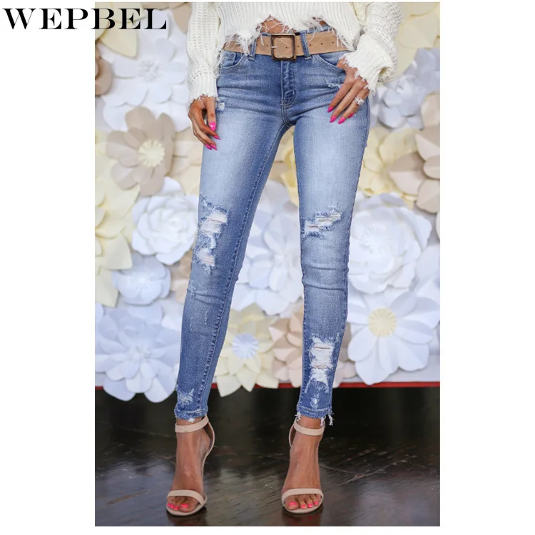 WEPBEL Fashion Mid Waist Jeans Women's Casual Solid Color Ripped Jeans Autumn Button Pocket Denim Pencil Pants
WEPBEL Fashion Mid Waist Jeans Women's Casual Solid Color Ripped Jeans Autumn Button Pocket Denim Pencil Pants