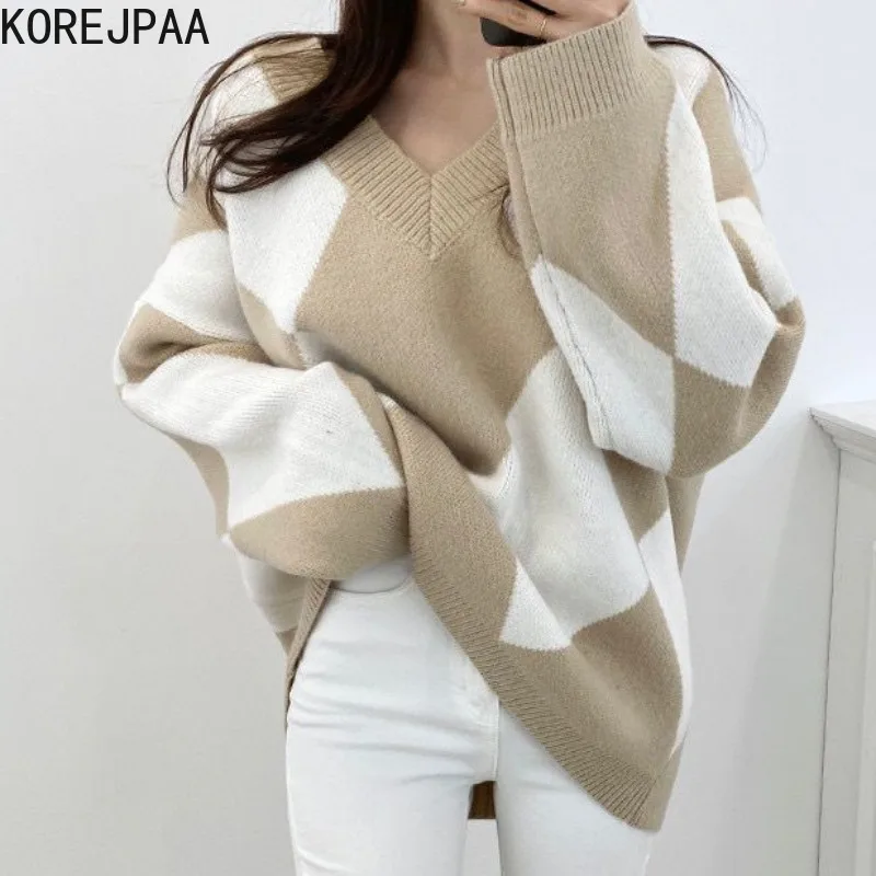 Korejpaa Vintage Argyle Hit Color Pullover Women Korean Chic Autumn Winter Long Sleeve Knitted Sweater Femme 2021 New Top
Korejpaa Vintage Argyle Hit Color Pullover Women Korean Chic Autumn Winter Long Sleeve Knitted Sweater Femme 2021 New Top