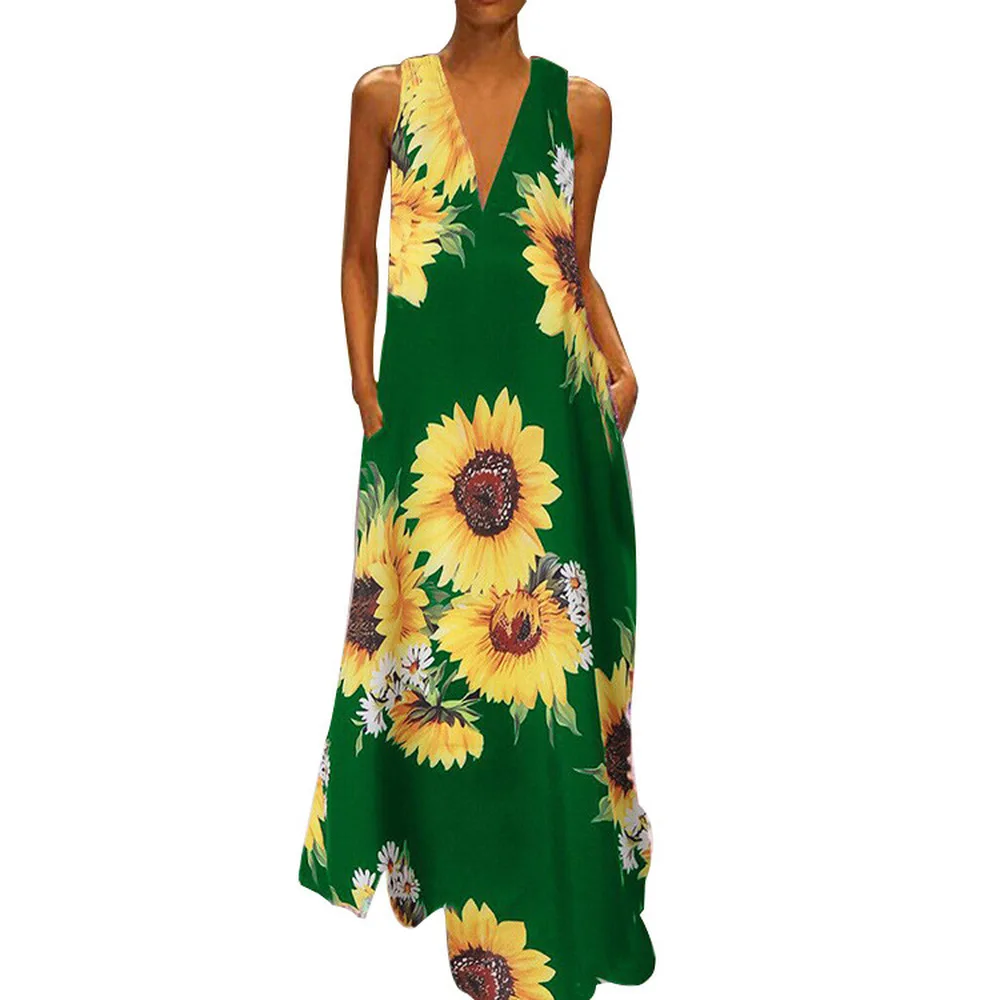 2020 Women's Bohemian Printed Sunflower Dress V-Neck Sleeveless Pocket Summer Max Dress Casual Beach Dress Fashion Party Dress
2020 Women's Bohemian Printed Sunflower Dress V-Neck Sleeveless Pocket Summer Max Dress Casual Beach Dress Fashion Party Dress