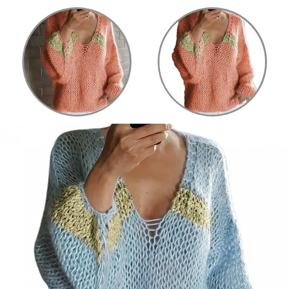 Женский эластичный пуловер с рукавами-фонариками, Однотонный свитер контрастных цветов для улицы 
Женский эластичный пуловер с рукавами-фонариками, Однотонный свитер контрастных цветов для улицы