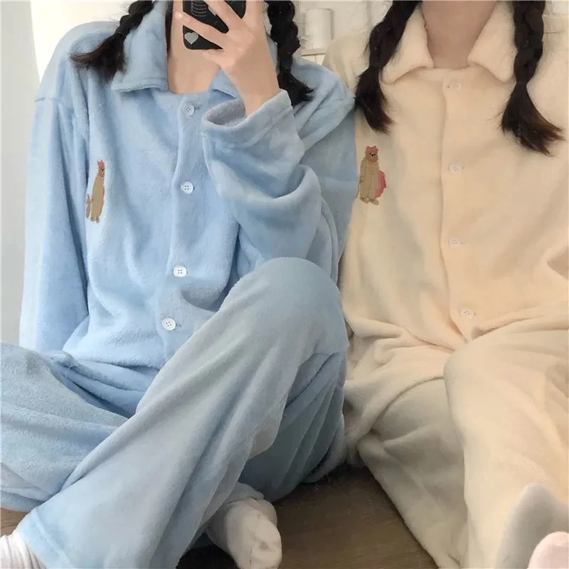 

QWEEK Winter Warm Velvet Pajama Sets Cute Bear Embroidery Sleepwear Brief Female Set Woman 2 Pieces Pijama Couple Pyjamas Suit