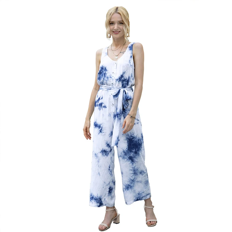 Rompers Tie-dye Printed Pocket V-neck Sleeveless Fashion Long Wide Leg Pants Summer Overalls Female Jumpsuit Women Summer 2020
Rompers Tie-dye Printed Pocket V-neck Sleeveless Fashion Long Wide Leg Pants Summer Overalls Female Jumpsuit Women Summer 2020