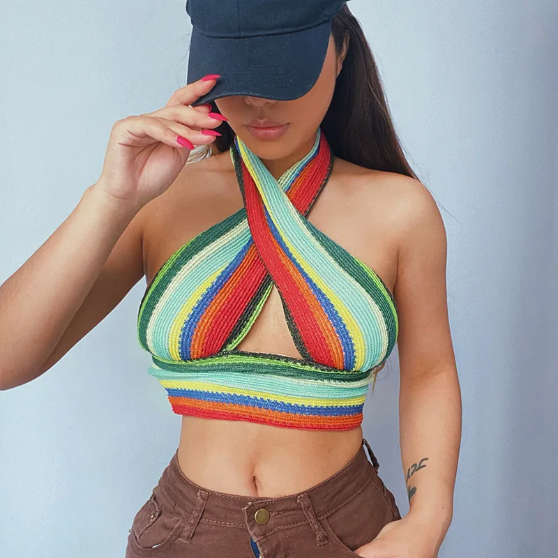 Y2k Halterneck Top Summer Streetwear Women Sexy Colorful Striped Knitted Bralette Crop Top Backless Tanks
Y2k Halterneck Top Summer Streetwear Women Sexy Colorful Striped Knitted Bralette Crop Top Backless Tanks