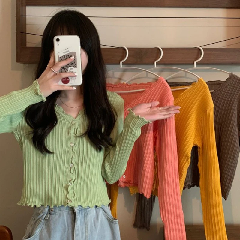 Knitted Yellow Sweater Ribbed Cardigans Long Sleeve Top Knitwear Cropped Ladies Clothes Ruffles Hem Single Breasted Sueter Mujer
Knitted Yellow Sweater Ribbed Cardigans Long Sleeve Top Knitwear Cropped Ladies Clothes Ruffles Hem Single Breasted Sueter Mujer