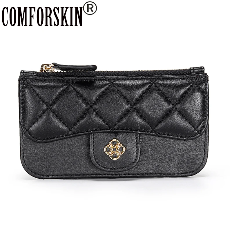 

COMFORSKIN Luxurious 100% Sheepskin Women Coin Purse New Arrivals Genuine Leather Small Purse Geometric Style Coin Pockets 2021