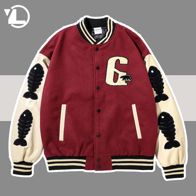 Baseball Jacket Men Furry Fish Bone Embroidery Hip Hop Street Varsity Jackets Harajuku Oversized Patchwork Bomber Coats Unisex
Baseball Jacket Men Furry Fish Bone Embroidery Hip Hop Street Varsity Jackets Harajuku Oversized Patchwork Bomber Coats Unisex