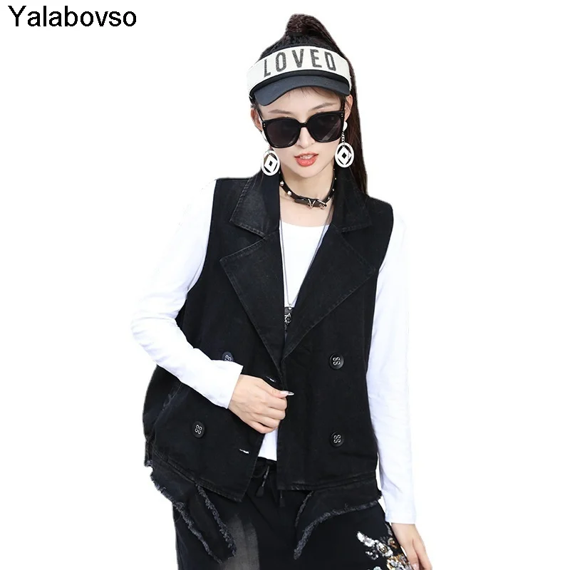 Korean Styles 2021 Denim Double Breasted Lapel Loose Spring And Autumn Vest Coat Waistcoat Women's Cool Design Black Color
Korean Styles 2021 Denim Double Breasted Lapel Loose Spring And Autumn Vest Coat Waistcoat Women's Cool Design Black Color