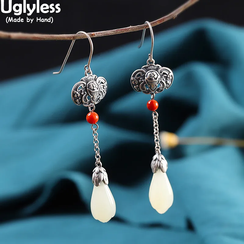 

Uglyless China Cultural Bat Animals Thai Silver Earrings for Women Real 925 Silver Long Earrings Natural Jade Magnolia Jewelry