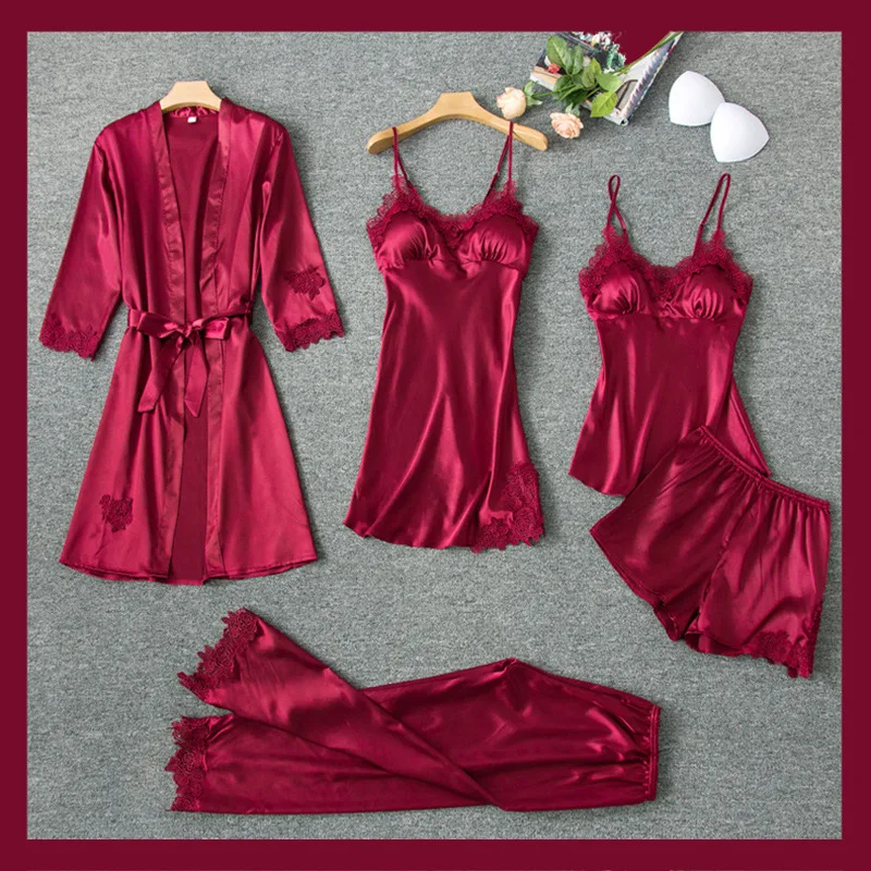 Summer Five-piece Set of Thin Luxury Women's Pajamas with Breast Pad,sexy Lace Side Halter Emulation Silk Dress Women for 2020
Summer Five-piece Set of Thin Luxury Women's Pajamas with Breast Pad,sexy Lace Side Halter Emulation Silk Dress Women for 2020