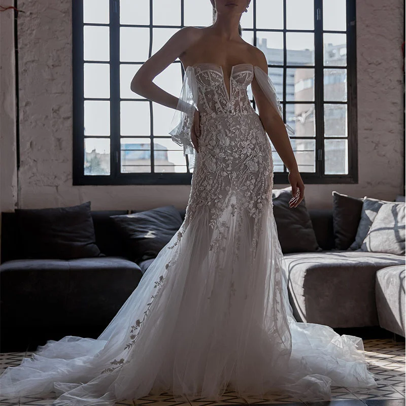 Sexy Wedding Dress 2021 Appliques Flower Robe De Mariee Elegant Bride Dress Lace Wedding Gowns Beautiful Mermaid Bridal Gown 
Sexy Wedding Dress 2021 Appliques Flower Robe De Mariee Elegant Bride Dress Lace Wedding Gowns Beautiful Mermaid Bridal Gown