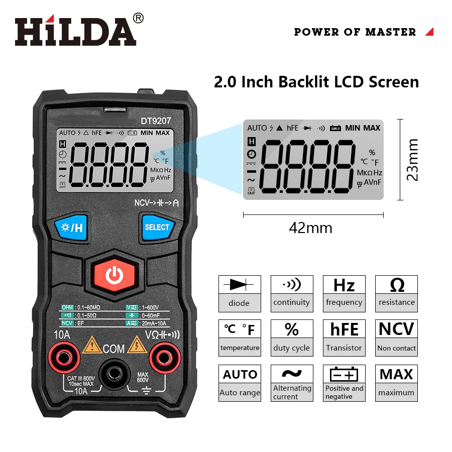 HILDA Digital Multimeter Auto Ranging AC/DC Voltage Meter Transistor Peak Tester Meter Capacitance Meter with NCV
HILDA Digital Multimeter Auto Ranging AC/DC Voltage Meter Transistor Peak Tester Meter Capacitance Meter with NCV