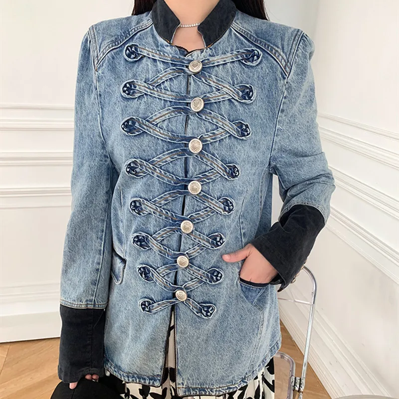 Women Stand Collar Stitching Denim Coat Color Patchwork Ladies Vintage Long Sleeve Single-Breasted Cardigan Jackets 2021 New
Women Stand Collar Stitching Denim Coat Color Patchwork Ladies Vintage Long Sleeve Single-Breasted Cardigan Jackets 2021 New