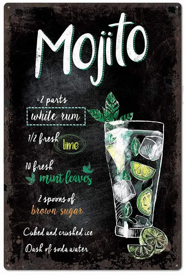 Black Original Design Mojito Cocktail Tin Metal Wall Art Teaching Poster, Thick Tinplate Wall Decoration Signs for Man Cave/Bar
Black Original Design Mojito Cocktail Tin Metal Wall Art Teaching Poster, Thick Tinplate Wall Decoration Signs for Man Cave/Bar