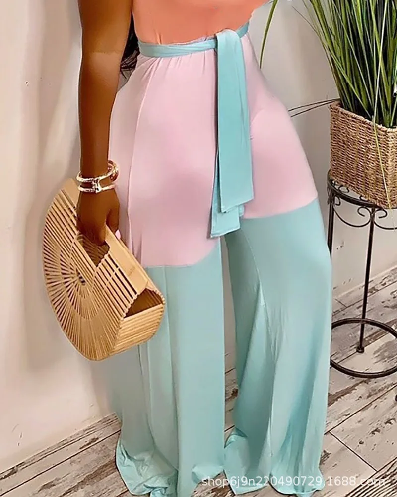 2021 new women's one-piece large-area contrast color tight-fitting halter neck strap jumpsuit-need a belt
2021 new women's one-piece large-area contrast color tight-fitting halter neck strap jumpsuit-need a belt