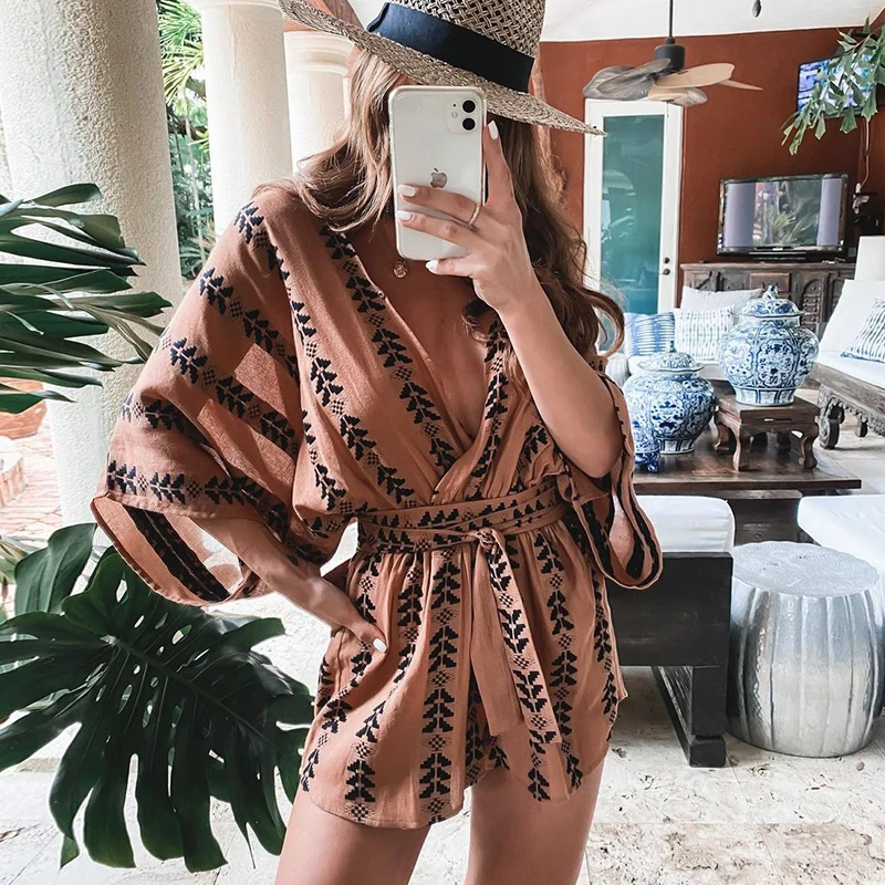 

Foridol V Neck Print Casual Oversize Playsuit Romper Women Batwing Sleeve Wide Leg Fashion Playsuits Overalls Loose Rompers 2022