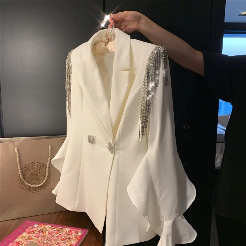 Women White Blazers Fashion Design Crystal Tassel Ruffle Sleeve Suit Jacket Ladies Double Breasted Blazer Thin Section Elegant
Women White Blazers Fashion Design Crystal Tassel Ruffle Sleeve Suit Jacket Ladies Double Breasted Blazer Thin Section Elegant