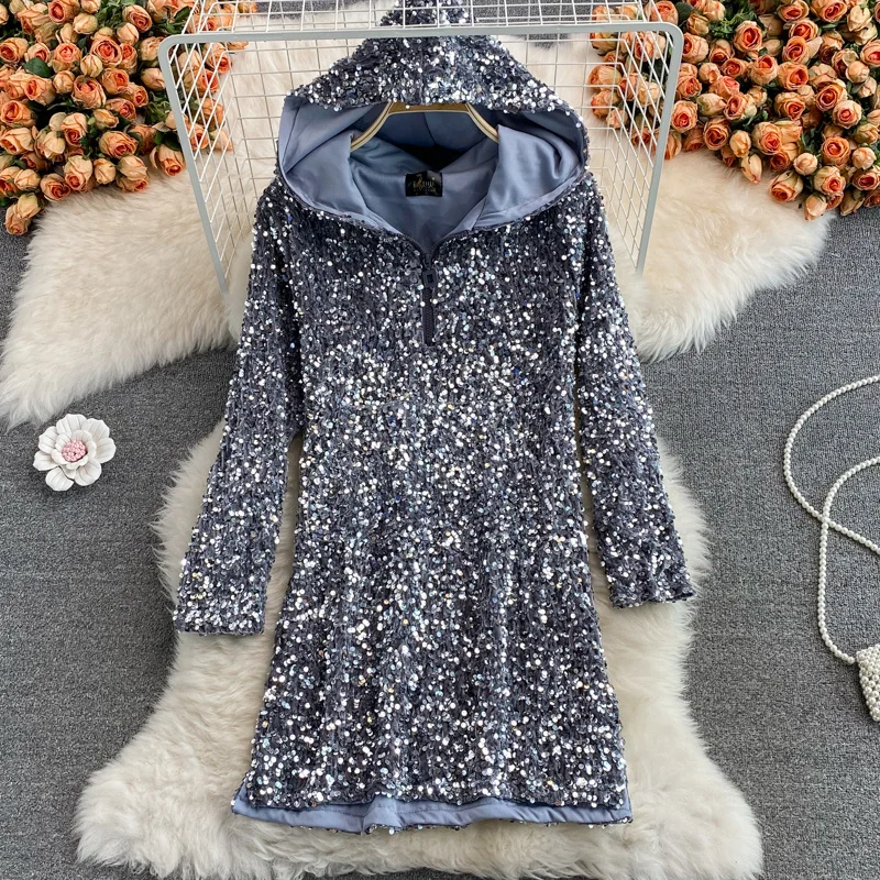 Spring Autumn Heavy Industry Sequin Loose Dress Long Sleeve Women Fashion Hooded Sweater Dress Girl Personal Out Casual Dress
Spring Autumn Heavy Industry Sequin Loose Dress Long Sleeve Women Fashion Hooded Sweater Dress Girl Personal Out Casual Dress