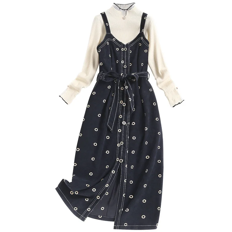 Women's 2-Piece High Street Knit Pullover Stand Collar+ Corduroy Embroidery Dress High Street Two Piece Outfits for Women