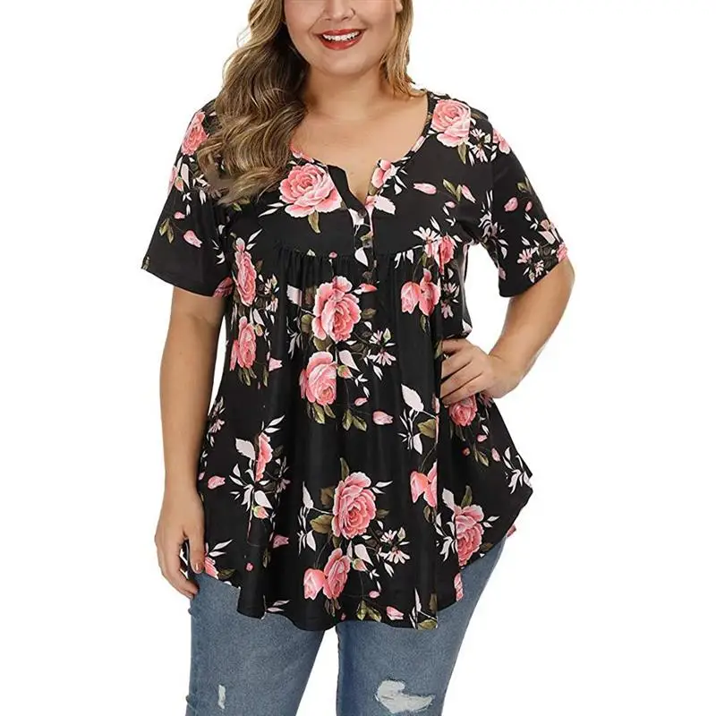 Woman Summer Casual Floral Print T-Shirt V-Neck Button Short Sleeves Loose Blouse For Daily Plus Size Tops 2XL-5XL Blusas Mujer
Woman Summer Casual Floral Print T-Shirt V-Neck Button Short Sleeves Loose Blouse For Daily Plus Size Tops 2XL-5XL Blusas Mujer