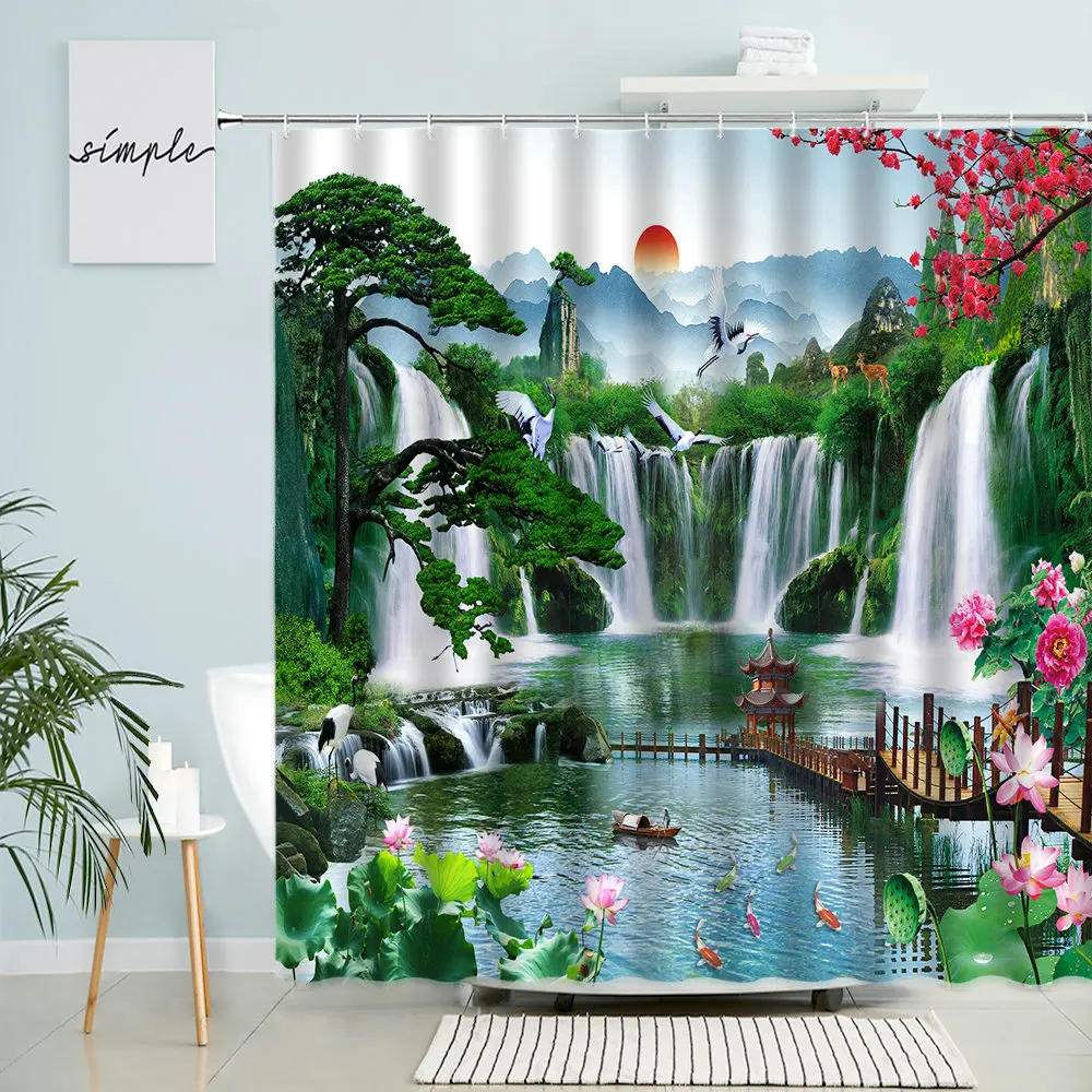 Chinese Landscape Shower Curtain Forest Park Waterfall Lake Lotus Flower Spring Nature Bathroom Decor With Hook Polyester Screen 
Chinese Landscape Shower Curtain Forest Park Waterfall Lake Lotus Flower Spring Nature Bathroom Decor With Hook Polyester Screen