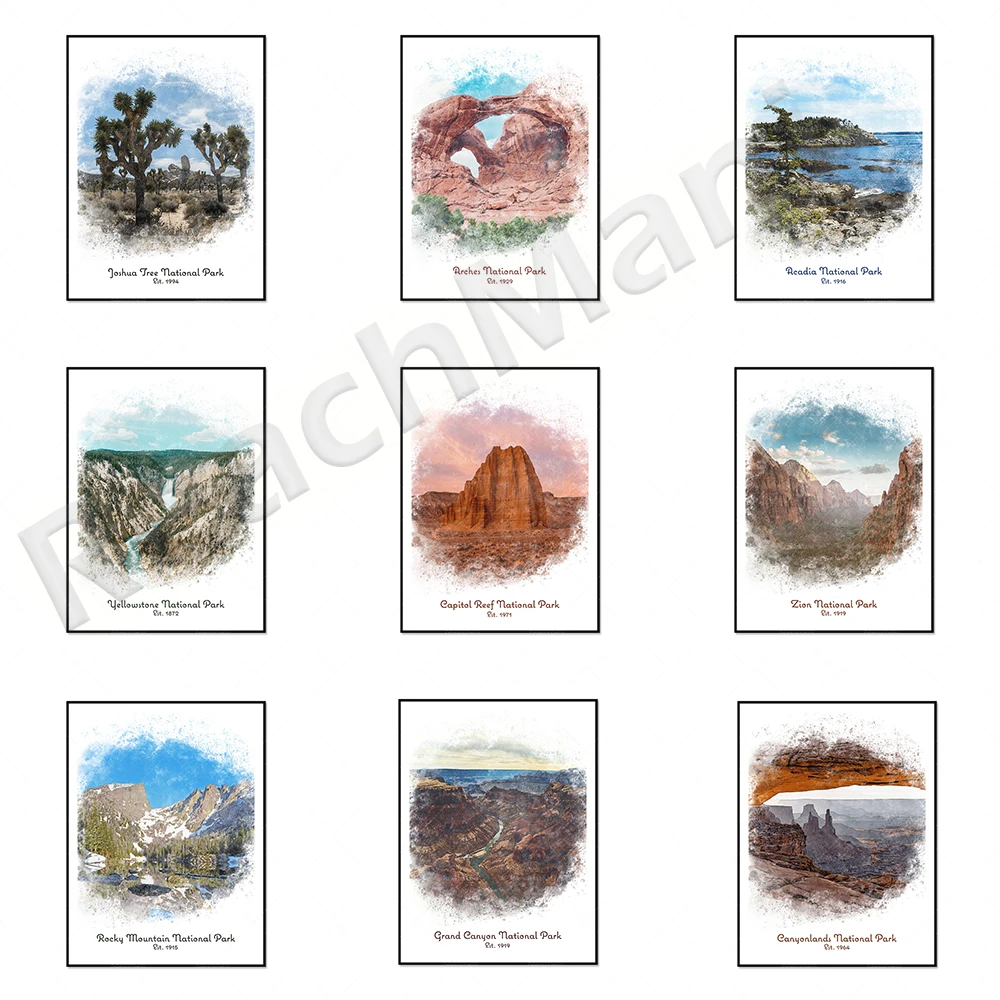 

Crater Lake, Yosemite, Grand Teton, Great Smoky Mountains, Zion National, Sequoia National, Glacier National Park travel poster,