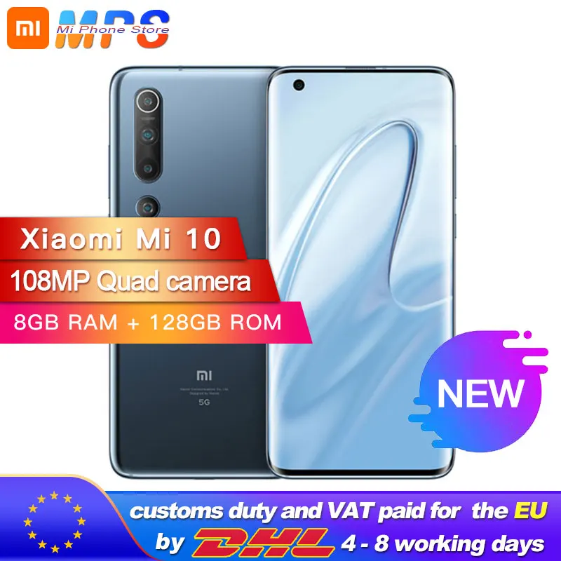 Глобальная версия Xiaomi Mi 10 8 ГБ 128 Гб Смартфон 5G 108MP мобильный телефон Snapdragon 865