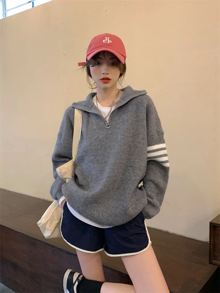 Lapel Sweater Women's Outer Wear Idle Style Striped Long-sleeved Sweater Autumn and Winter Super Popular Mid-length Loose Zip
Lapel Sweater Women's Outer Wear Idle Style Striped Long-sleeved Sweater Autumn and Winter Super Popular Mid-length Loose Zip