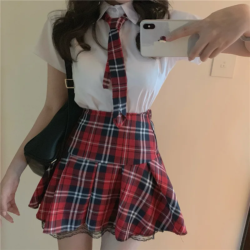 

S-XXXL Plus Size High Quality Preppy Style Women Uniform Skirt Red Plaid Lace Hem With Lining Elastic Waist Student Girl Bottoms