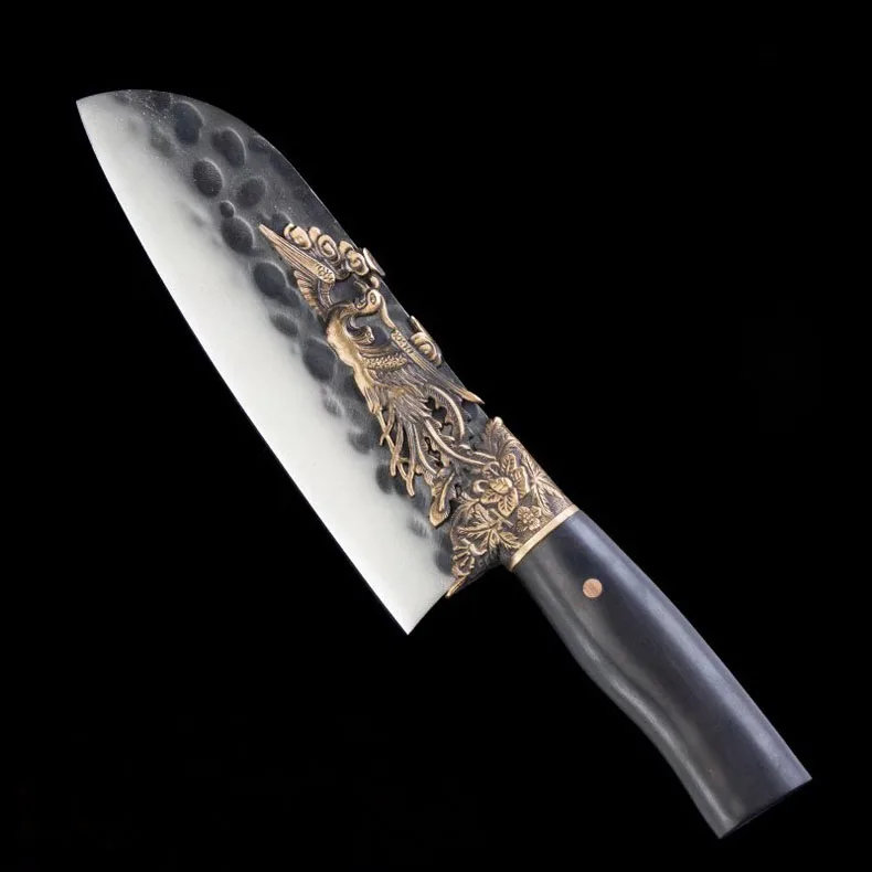 

Longquan Knife Copper Phoenix Decor Barbecue Slicing Cleaver 8 Inch Handmade Forged Steel Kitchen Sushi Japanese Santoku Knife