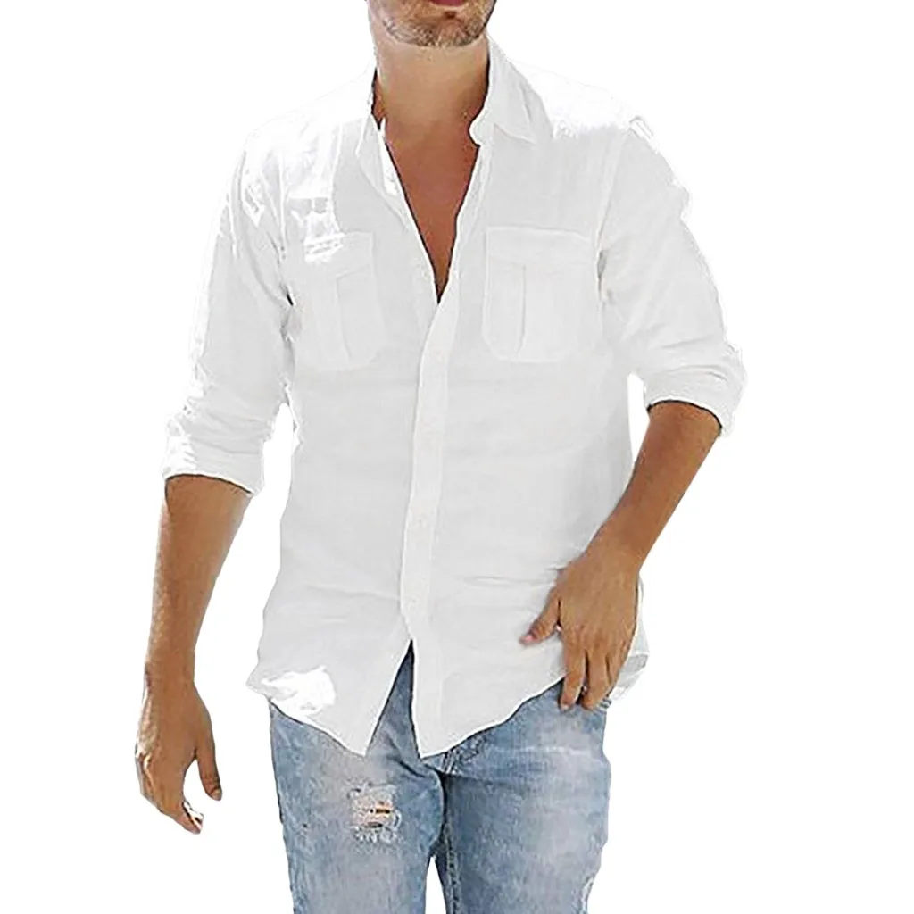 Men's Baggy Cotton Linen Pocket Solid Long Sleeve Retro T Shirts Tops Blouse 2020 Fashion For Men Plus Size Streetwear | Мужская