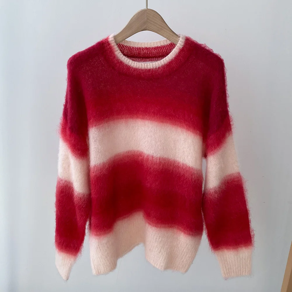 2021 spring Colorful Woman Striped Mohair Wool Blend Sweater Long Sleeves Fashion Drop shoulder Oversized KNITTED Jumper
2021 spring Colorful Woman Striped Mohair Wool Blend Sweater Long Sleeves Fashion Drop shoulder Oversized KNITTED Jumper