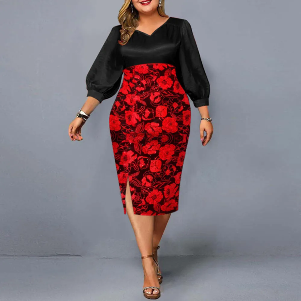 Plus Size Dress 2021 Women Elegant Floral Print Midi Dresses Red Autumn Winter Ladies Sexy V-neck Christmas Party Dress 4XL 5XL
Plus Size Dress 2021 Women Elegant Floral Print Midi Dresses Red Autumn Winter Ladies Sexy V-neck Christmas Party Dress 4XL 5XL
