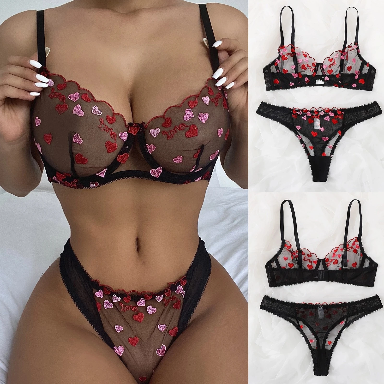 Conjunto de lingerie sexy feminina, bordado, formato de coração, renda, busto de malha, sensual
Conjunto de lingerie sexy feminina, bordado, formato de coração, renda, busto de malha, sensual