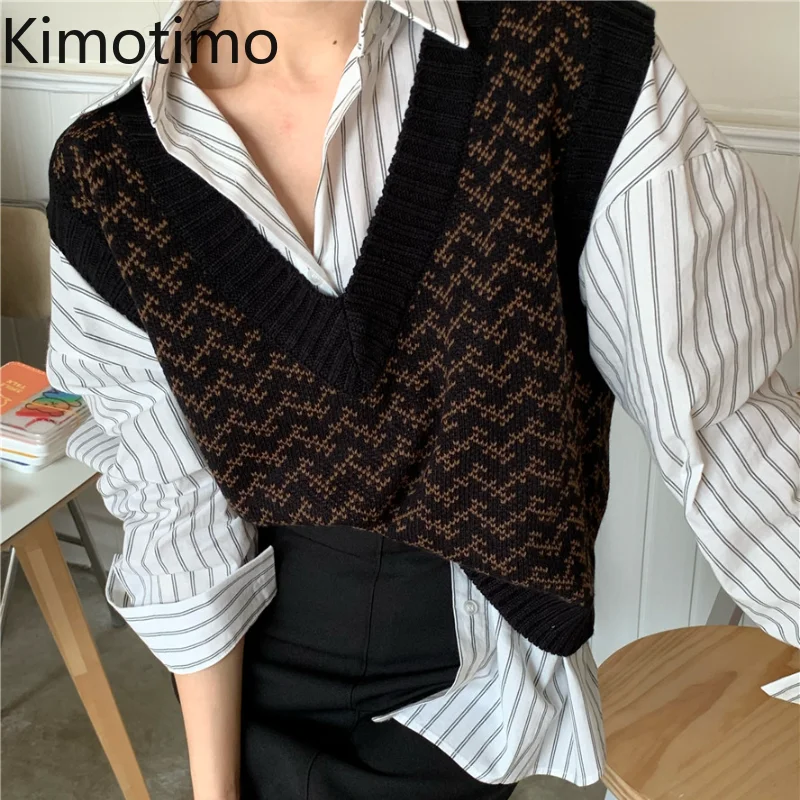 Kimotimo Women Two Piece Sets Korean Autumn V-neck Jacquard Short Knitted Vests + Turn-down Collar Long Sleeve Striped Shirts
Kimotimo Women Two Piece Sets Korean Autumn V-neck Jacquard Short Knitted Vests + Turn-down Collar Long Sleeve Striped Shirts