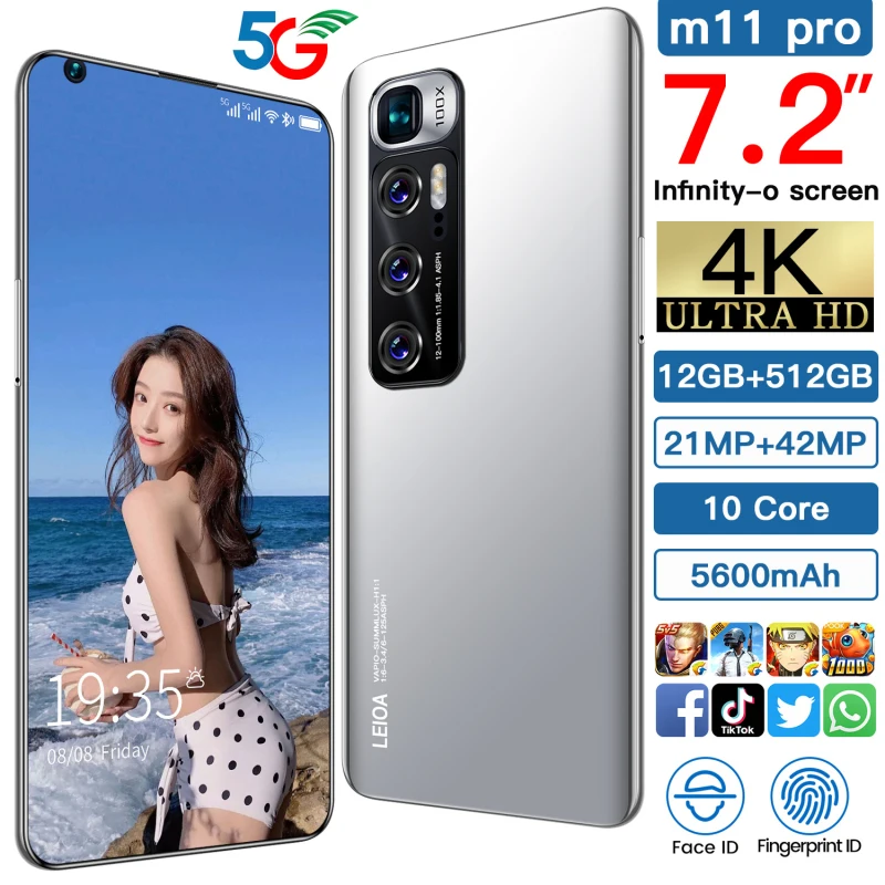 M11 Pro 5G Smartphone 7.2 Inch 12+512 GB Mobile Phone 21+42MP Triple Camera Face Unlock Cell Phone 5600mAh Android 10 Core
M11 Pro 5G Smartphone 7.2 Inch 12+512 GB Mobile Phone 21+42MP Triple Camera Face Unlock Cell Phone 5600mAh Android 10 Core