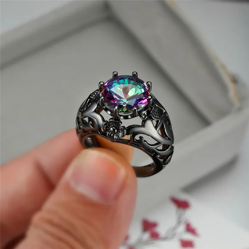 Charm Female Crystal Big Rainbow Stone Ring Vintage 14kt Black Gold Wedding Rings For Women Promise Love Flower Engagement Ring
Charm Female Crystal Big Rainbow Stone Ring Vintage 14kt Black Gold Wedding Rings For Women Promise Love Flower Engagement Ring