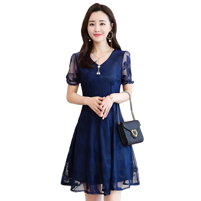 Women's Dress Summer Temperament Loose Lace V-neck Dress Large Size Women Korean Short sleeve Pullovers Dress Vestidos 5XL T411 
Women's Dress Summer Temperament Loose Lace V-neck Dress Large Size Women Korean Short sleeve Pullovers Dress Vestidos 5XL T411