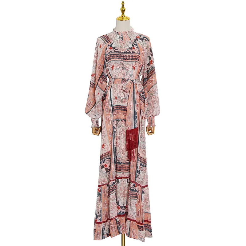 New fashion temperament retro collar lantern sleeve waist lace-up printed long dress 28063
New fashion temperament retro collar lantern sleeve waist lace-up printed long dress 28063