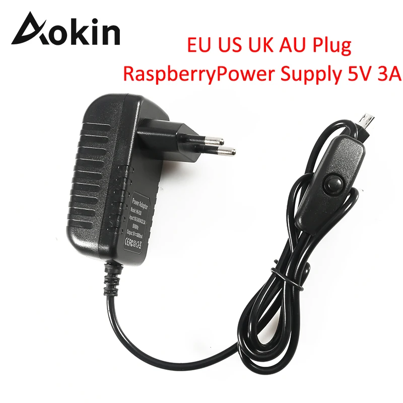 Источник питания Aokin для Raspberry 5 В 3 А регулируемая кнопка переключения Pi 3B адаптер