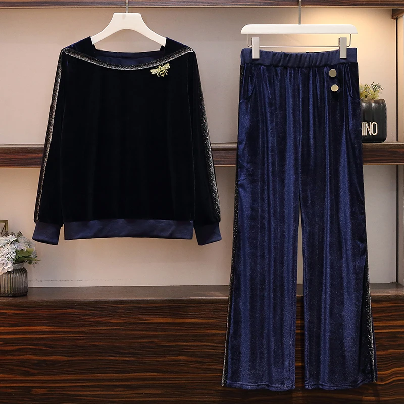 XL-5XL плюс размер женский бархатный комплект из двух предметов осень зима 2019 мода