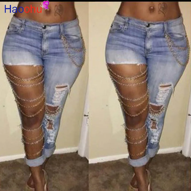 HAOOHU Ladies Fashion Ripped Jeans Slim Chain Big Hole Denim Pants Jeans Streetwear Trousers Pencil Pants Sexy Jeans
HAOOHU Ladies Fashion Ripped Jeans Slim Chain Big Hole Denim Pants Jeans Streetwear Trousers Pencil Pants Sexy Jeans