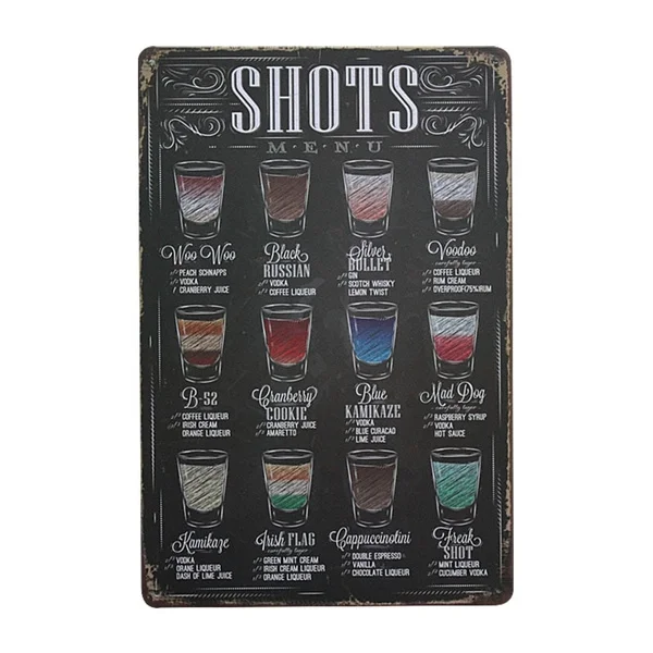 Shots Menu Cafe Bar Pub Wall Decor Metal Sign Cool Metal Plate Coffee Metal Poster
Shots Menu Cafe Bar Pub Wall Decor Metal Sign Cool Metal Plate Coffee Metal Poster
