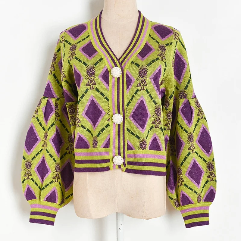 Contrast Color Knitted Cardigan Women 2021 Autumn Lantern Sleeve V-neck Diamond Lattice Pearl Buttons Short Knit Sweater Coat
Contrast Color Knitted Cardigan Women 2021 Autumn Lantern Sleeve V-neck Diamond Lattice Pearl Buttons Short Knit Sweater Coat