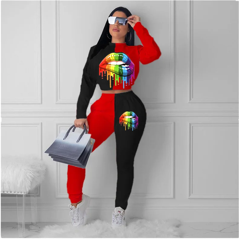 2020 Lip Print Contrast Women Sets Shinny Running O-neck Casual Tight Sportswear 2 Piece Full Sleeve Full Pant Young Sport Sets
2020 Lip Print Contrast Women Sets Shinny Running O-neck Casual Tight Sportswear 2 Piece Full Sleeve Full Pant Young Sport Sets