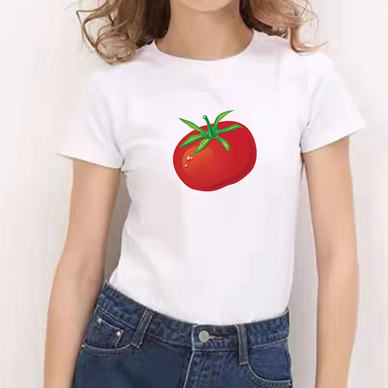 Фото Женская футболка с коротким рукавом круглым вырезом и принтом в виде овощей |
